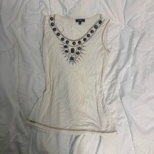 Elementz Women's Small White Tank Top Embellished Bronze Studded Bib Neck Boho